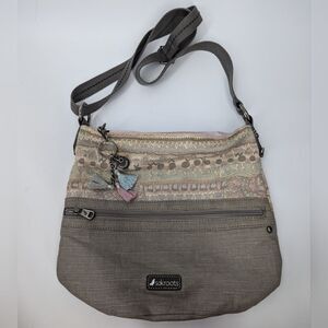 Sakroots Beige Purple Blue Bohemian Crossbody Fabric Bag Tassel Charm